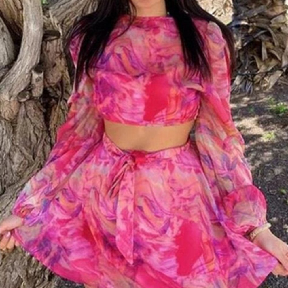 Multicolor Boho Lantern Sleeve Knot Cutout Waist Chiffon Romper - Picture 5 of 9